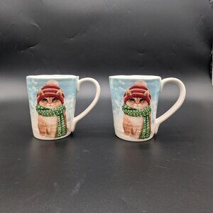 Pier 1 One Two Christmas Cat Mugs Hat Scarf Some Wear Small Base Chips Ironstone